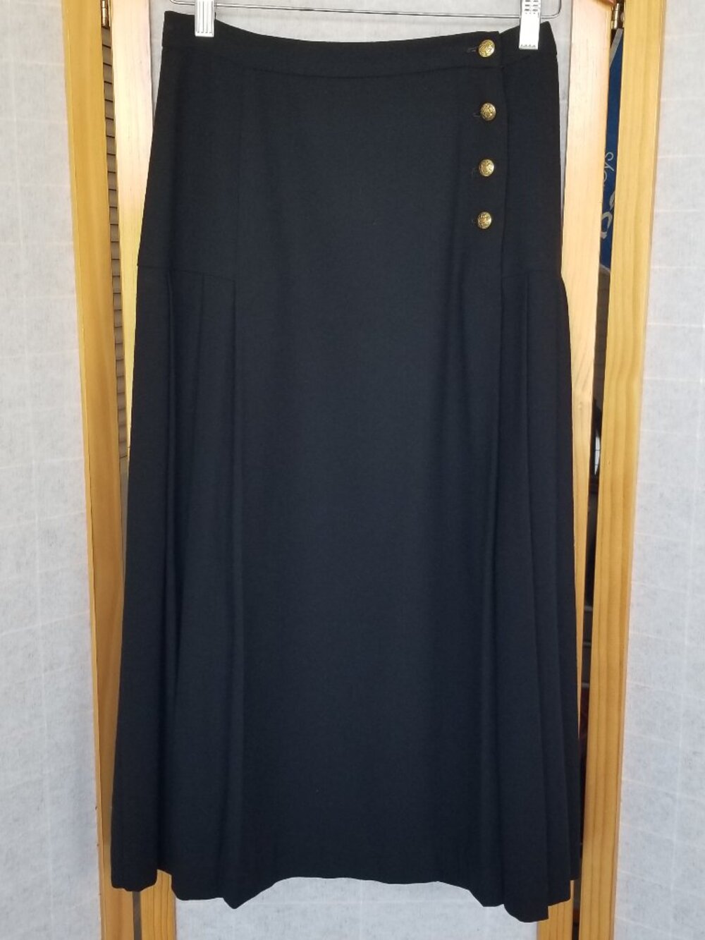 Vintage Black Wool Midi Skirt Gold Buttons Gay Boyer Collection Size 8